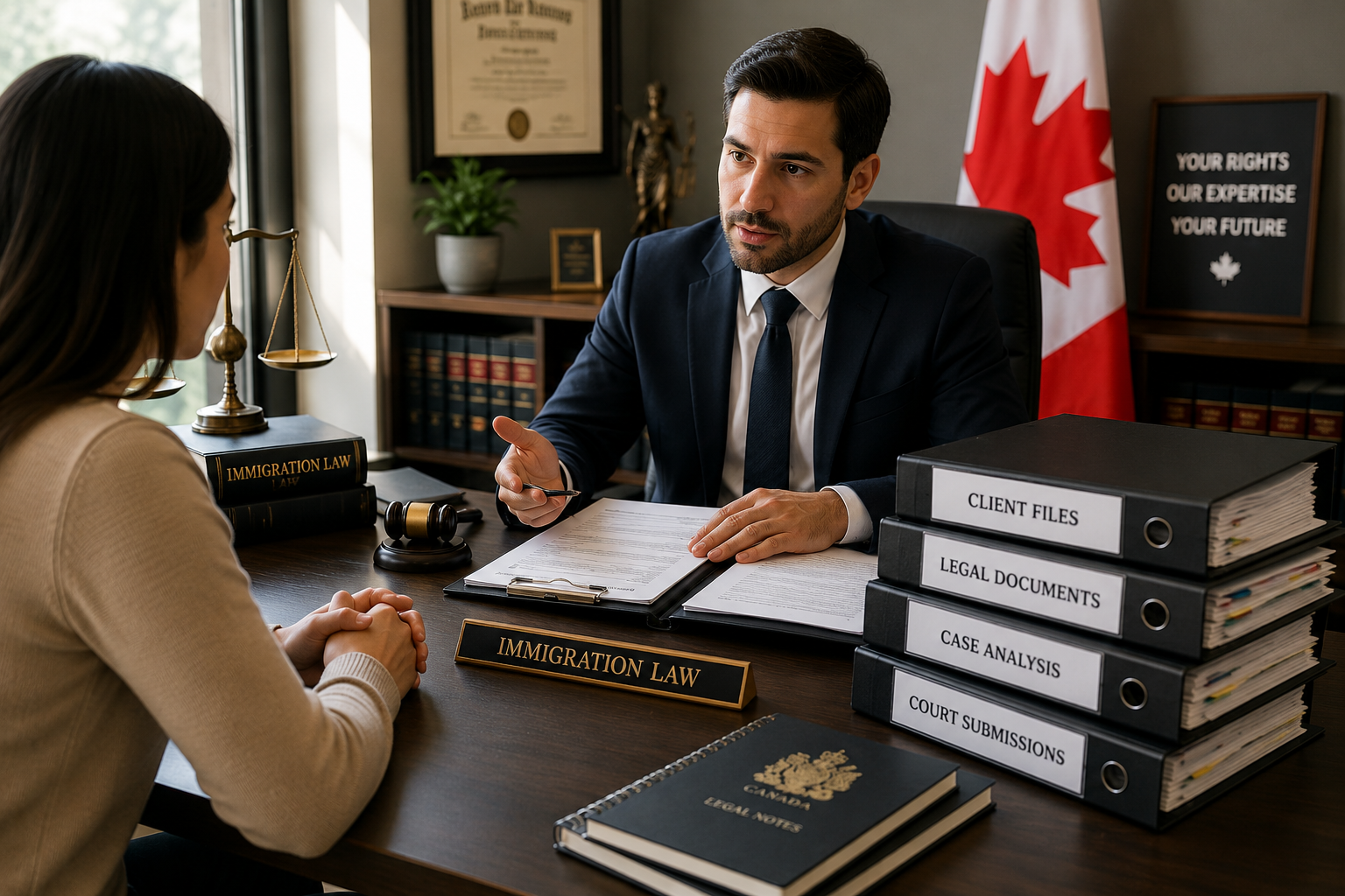 Immigration lawyer consulting a client during a legal services meeting